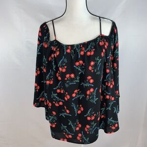Vince Camuto Havana Floral Black Off Shoulder Womens Shirt Blouse Large